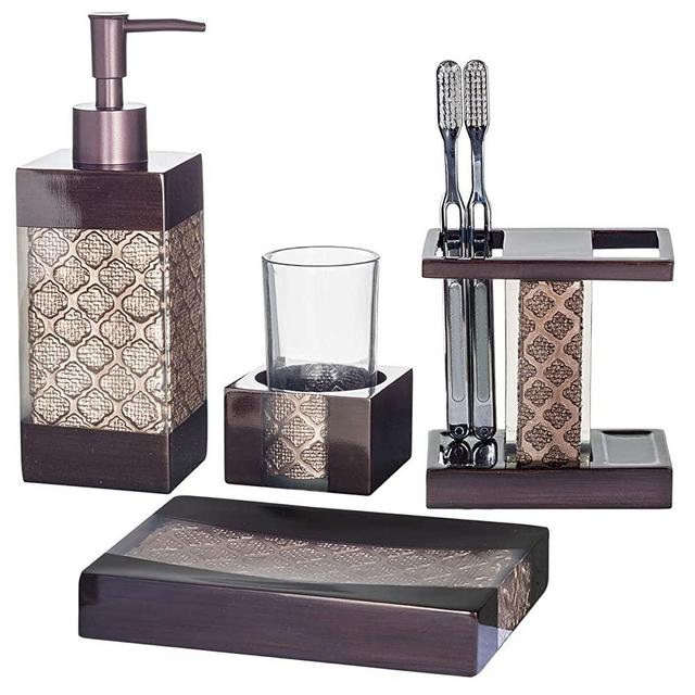 Dahlia 4-Piece Bathroom Accessories Set | Decorative Bath Accessory Kit with Soap Dispenser, Toothbrush Holder, Soap Dish, and Tumbler | Rust-Resistant Bath Ensemble Set | Elegant Decoration Ideas