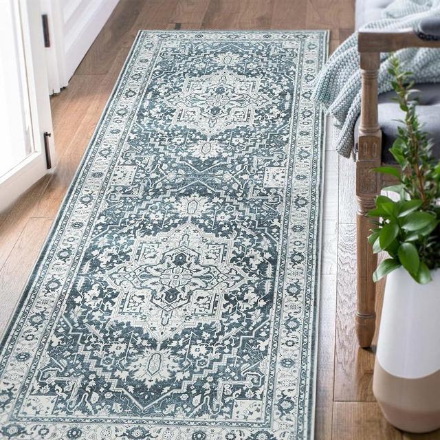 jinchan Boho Runner Rug 3x10 Hallway Indoor Washable Rug Vintage Rug Floral Medallion Runner Rugs with Rubber Backing Carpet Runner Thin Rug for Bathroom Kitchen Living Room Blue