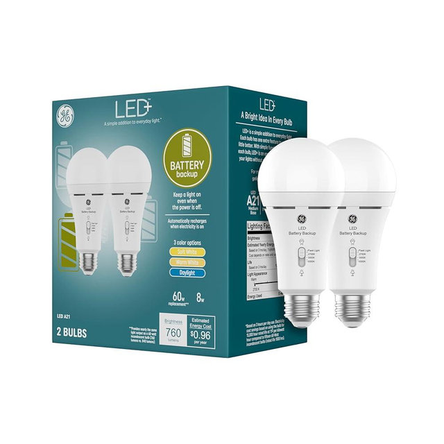 GE LED+ Backup Battery LED Light Bulbs, A21 Rechargeable Emergency Light for Power Outages + Flashlight, Soft White (2 Pack)