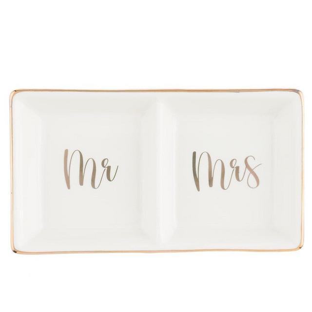 Mr and Mrs. Ring Dish, His and Hers Ceramic Jewelry Holder Tray, Engagement Wedding Gift for Bride and Groom, Trinket Organizer (Mr & Mrs Gold)