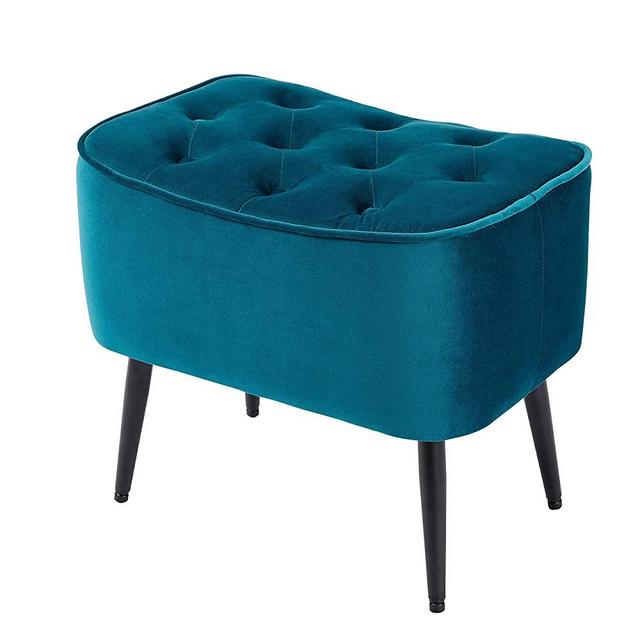 BirdRock Home Tufted Curve Teal Ottoman – Velvet Foot Stool – Mid Century Modern Steel Legs - Soft Compact Padded Stool - Living Room or Bedroom – Vanity Chair - Decorative Furniture