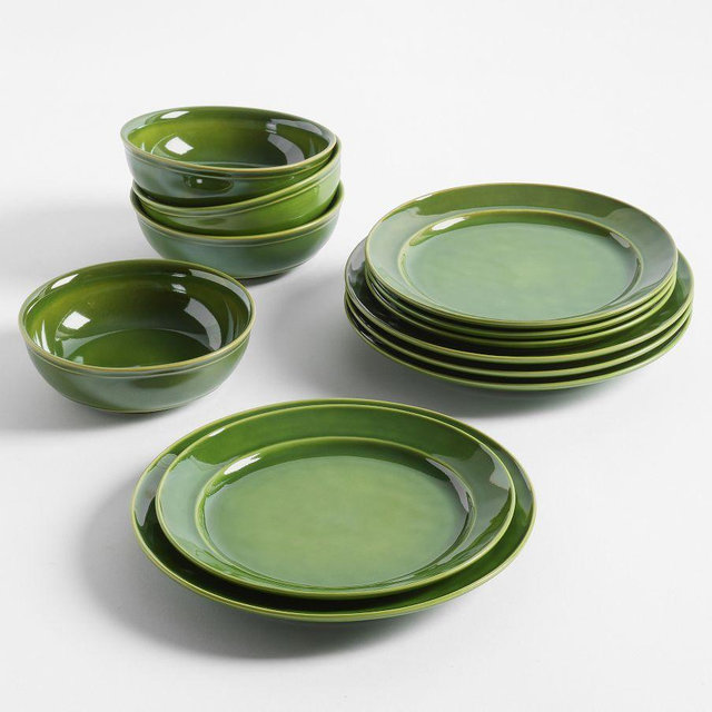 Cambria Stoneware 12-Piece Dinnerware Set, 10 3/4" Dinner Plate with Soup Bowl - Green