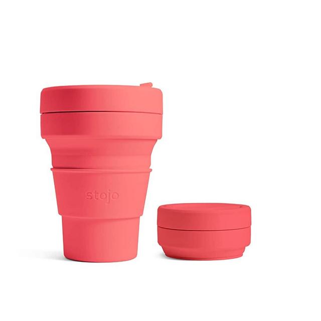 Stojo On The Go Coffee Cup | Pocket Size Collapsible Silicone Travel Cup – Coral Pink, 12oz / 355ml | No Straw Included