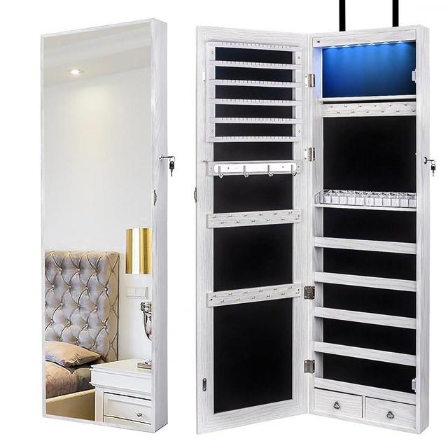 Mokata 47" H Jewelry Armoire Full Length Mirror Cabinet Storage Organizer w/LED Light Wall-Mounted/Door-Hanging Lockable for Bedroom Makeups White