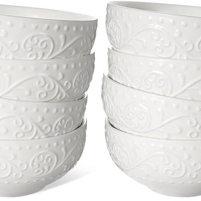 Artena Ceramic Cereal Bowls 26 oz, Embossment Soup Bowls Set of 4, White Salad Bowl for Kitchen, Dinner, Breakfast, Oatmeal, Rice, Pasta, Dishwasher Microwave Safe, 6 inch (Lianas) (Pack of 2)