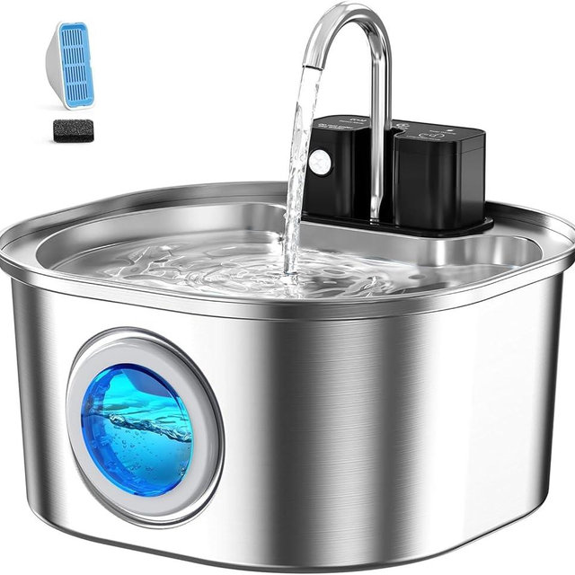 Voluas Stainless Steel Cat Water Fountain: 108oz/3.2L Wireless Cat Fountain Battery Operated for Drinking Indoor, Automatic Pet Water Dispenser Bowl with Ultra Quiet Pump, Easy Clean BPA-Free, 1Filter