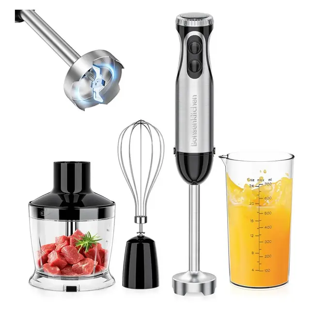 Bonsenkitchen Immersion Blender, 20 Variable Speeds & Turbo, 4-In-1 Stainless Steel Handheld Blender Stick Mixer with Egg Whisk, Beaker & Chopper Bowl