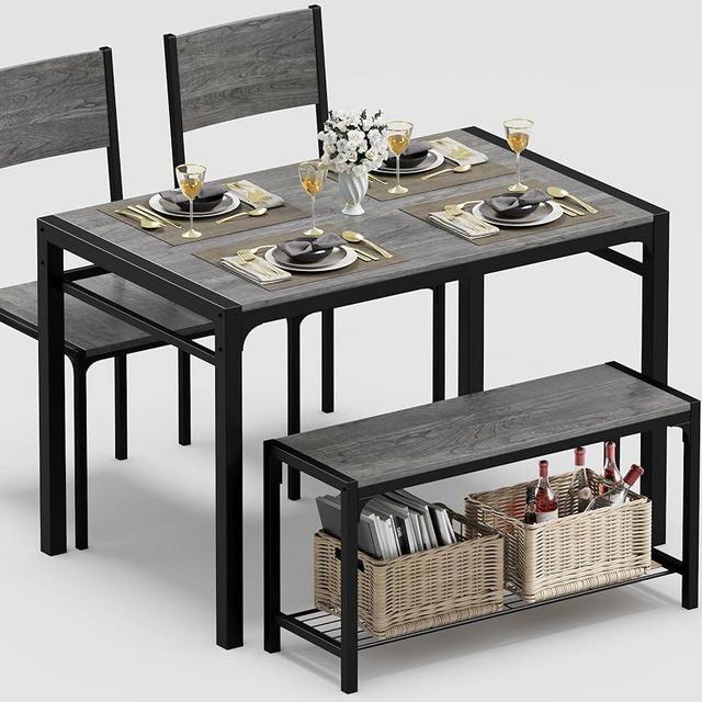 JUMMICO 43.3" Dining Table Set for 4, Kitchen Table with Bench & 2 Chairs Modern Rectangular Metal Frame Dining Furniture Set for Small Space (Grey)