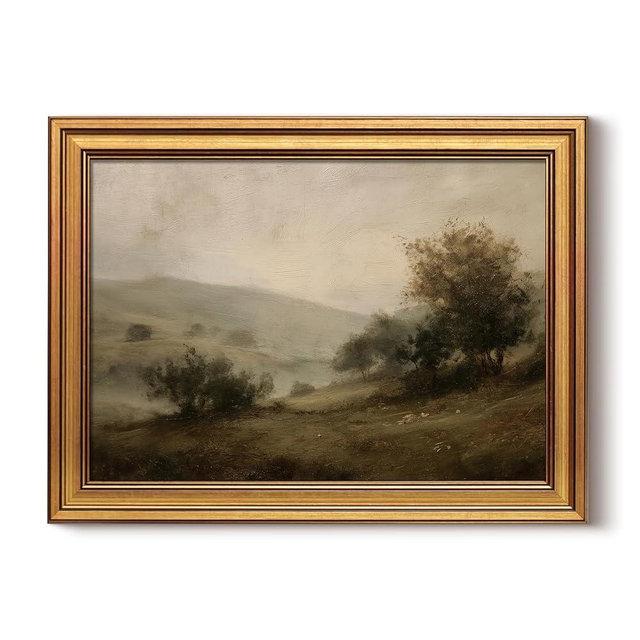 HUARCEY Framed Canvas Wall Art Vintage Decor, Quiet Mountains Picture Decor, Rustic Vintage Neutral Canvas Paintings Retro Table Desk Pictures for Bedroom Living Room, 12x16Inch