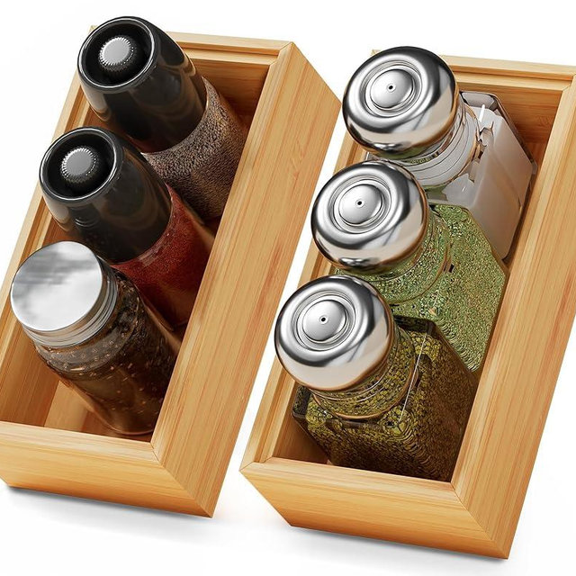 Small Bamboo Kitchen Drawer Organizer Boxes – 6" x 3" Stackable Wood Silverware Utensil Tray for Drawers Bins Cutlery & Flatware Storage – Wooden Organizers Set of 2 for Junk Drawer, Bathroom, Rv