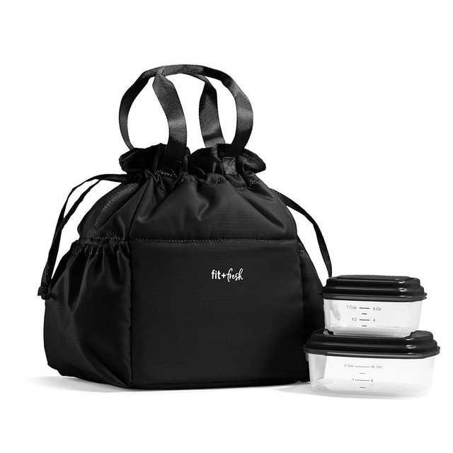 Fit & Fresh Cromwell Drawstring Lunch Bag for Women, Complete Lunch Set with 2 Containers, Stain-Resistant, Leak-Resistant, Back to School Essential, Teacher Lunchbox, Black