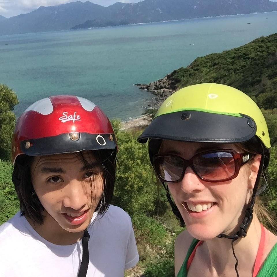 Emily learning how to drive a moto-bike in Vietnam.