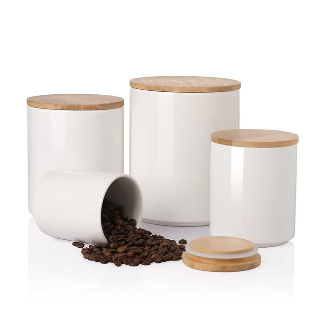 Sweejar Kitchen Canisters Ceramic Food Storage Jar Set, Stackable Containers with Airtight Seal Wooden Lid for Serving Ground Coffee, Tea, Herbs, Grains, Sugar, Salt - Set of 4 (White)