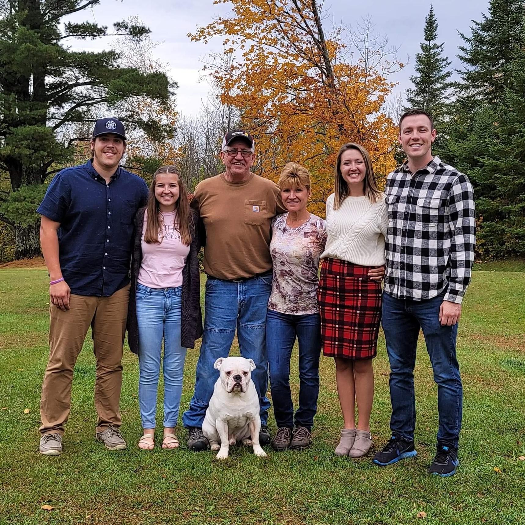 September 2020. 
Celebrating our engagement. 
Trevor (groomsman), Cassidy (maid of honor/sister), Dan (father of the bride), Melissa (mother of the bride), Courtney, and Jay. 
Plus Bruce.