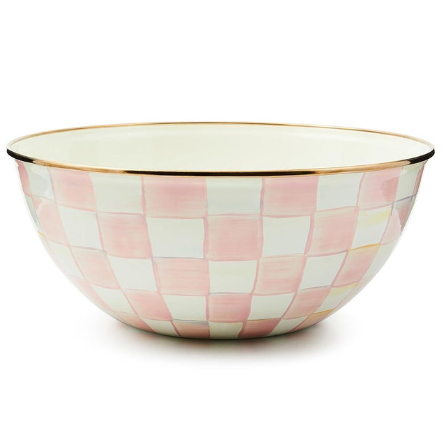 MACKENZIE-CHILDS Enamel Everyday Bowl, Serving Bowl for Entertaining, Large, Pink-and-White Rosy Check, Set of 1