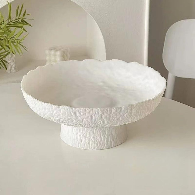 NoorooCare Decorative Fruit Bowls for kitchen decor Counter 10.4‘’,Large Modern Serving Bowl, High Foot with Irregular Edge Design, High-Temperature Fired Thickened Glass Bowl, White