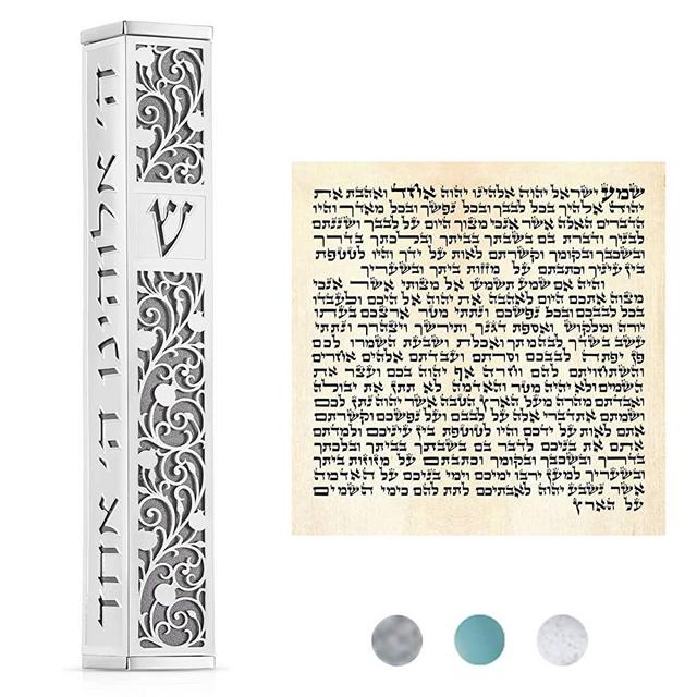 SURI Silver Modern Mezuzah Case with Gray, Self Stick Mezuzah with Scroll for Door, Jewish Mezuza 5” Waterproof for Outdoors. Home Blessing and Protection Cover