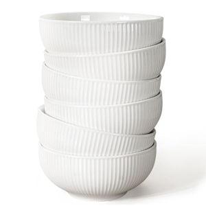 Artena Cereal Bowls 26 OZ, Ceramic Soup Bowls For Kitchen, Embossment Bowls For Rice Pasta Salad, White Bowls For Breakfast Lunch Dinner, 6 Inch, Set Of 6, Dishwasher & Microwave Safe, Stripe