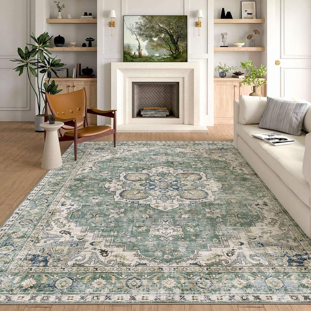 LUXRUG Washable Area Rug 8x10 - Large Sage Green Boho Rugs for Living Room Soft Vintage Bedroom Rug Ultra-Thin Distressed Oriental Carpet Stain Resistant Rug for Dining Room Guest Room Home Decor