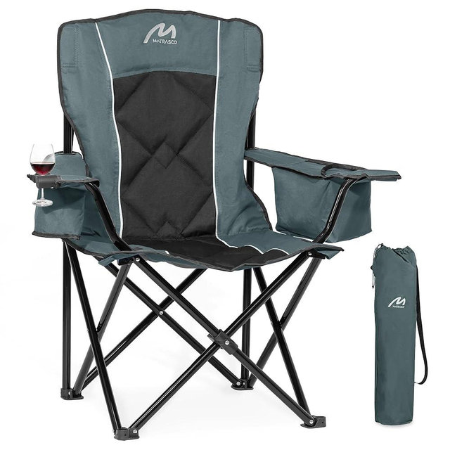 Matrasco Oversized Padded Camping Chair, Heavy-Duty Steel Frame for 450 lbs Supports, Convenient 6-Can Cooler, Portable Carry Bag, Perfect for Outdoor, Beach, and Hiking (Gray & Black)