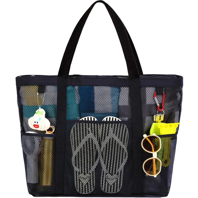 Fammart Mesh Beach Bag with Zipper, Large Beach Tote for Women, Toys Pool Swim Bag Travel Vacation Cruise Essentials