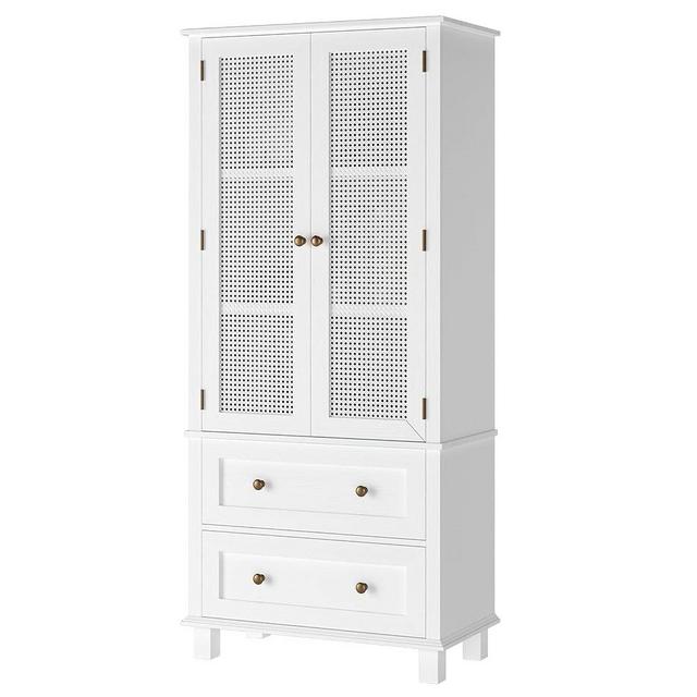 FOTOSOK Kitchen Pantry Storage Cabinet, Tall Cabinet with Rattan Doors and 2 Drawers, Freestanding Cupboard with Adjustable Shelves, Utility Pantry for Kitchen, Dining Room,White