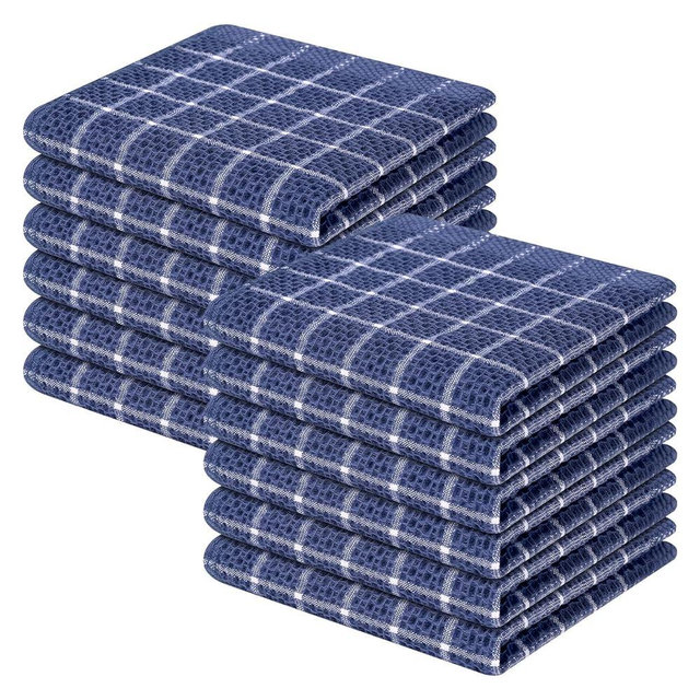 Homaxy 100% Cotton Dish Cloths, 12 Pack-12 X 12 Inches, Check Design Waffle Weave Dish Rags for Washing Dishes, Ultra Absorbent and Fast Drying Dishcloths, Navy Blue&White