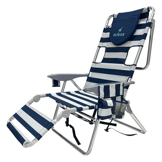 Ostrich the Backpack 3N1 Portable Chair with Cooler Bag and Reclining Lounger for Tanning, Camping, Beach, and Outdoor Essential, Blue Stripe