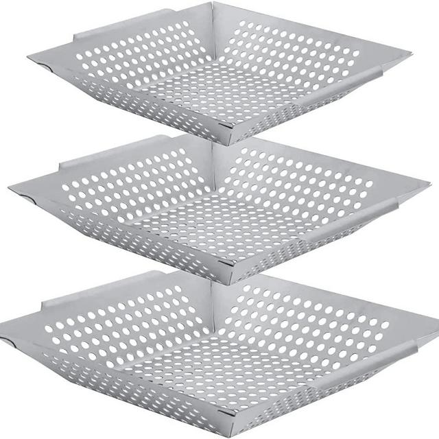 Finderomend 3 Pack Grill Basket Set, Vegetable Grill Basket, Large Heavy Duty Stainless Steel Vegetable Grilling Basket, Grilling Accessories for Veggies, Kabobs, Seafood