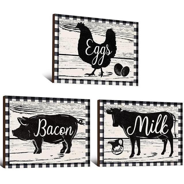 3 Pieces Christmas Farmhouse Kitchen Signs Cow Rooster and Pig Decors 7.9 x 5.9 Inch Rustic Wooden Signs Country Wall Decorations for Kitchen Wall Decor and Home Decor (White and Black)