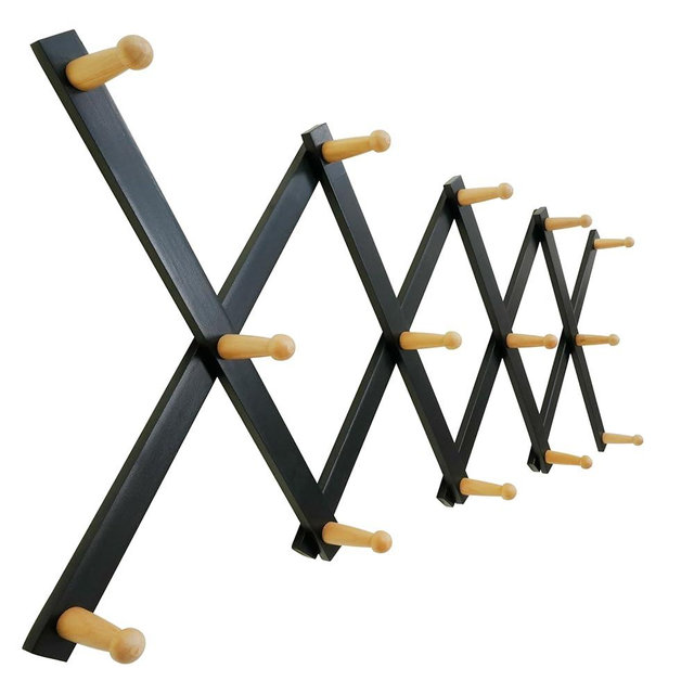 SKOLOO Hat Rack for Wall with 14 Hooks, Solid Wooden, Modern, Expandable Coat Rack Wall Mount for Coats, Hats, Bags, Baseball Caps, Natural on Black
