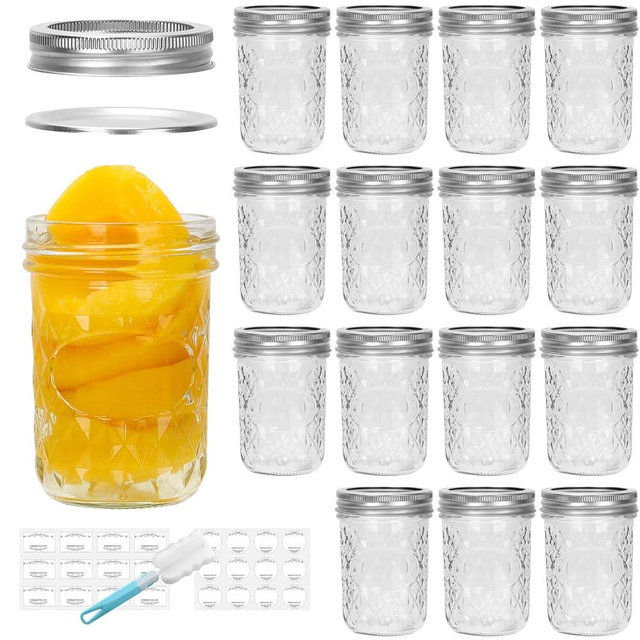 DHSBTLS Glass Regular Mouth Mason Jars, 15 Pack 8 oz Glass Canning Jars with Silver Aluminum Lids and Bands, Airtight Jars for Food Storage, Canning, Overnight Oats, Fermenting, Pickling, Decor