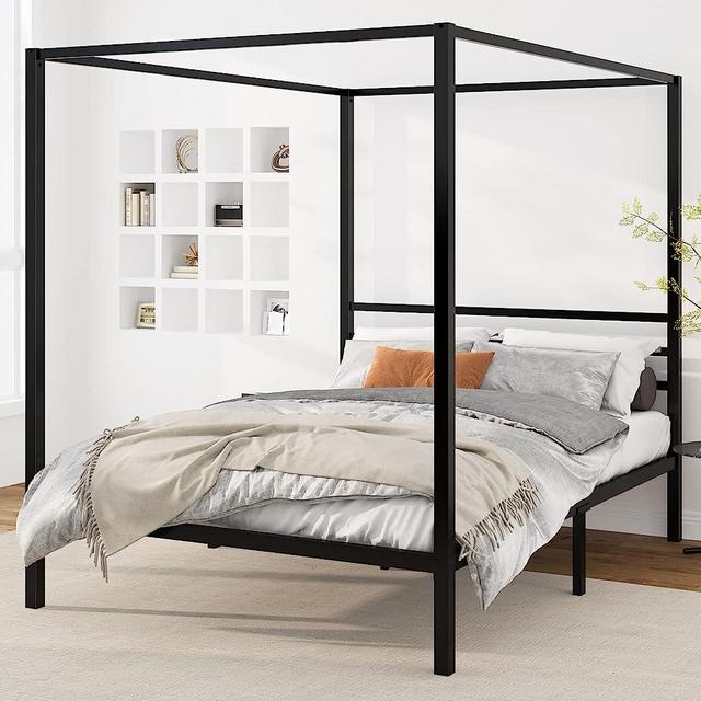 IMUsee Black Metal Canopy Platform Bed Frame/Mattress Foundation with Wood Slats Support/No Box Spring Needed/Easy Assembly, Queen