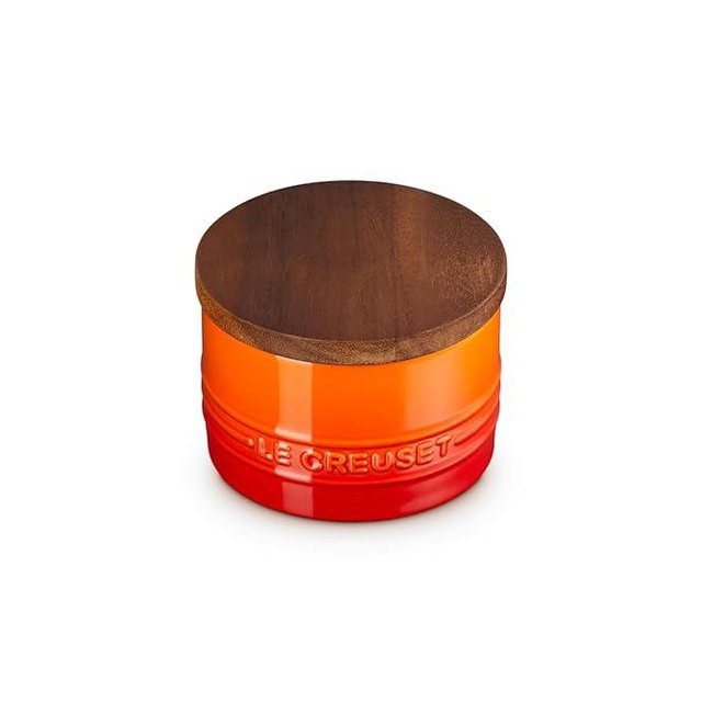 Le Creuset Signature Salt Cellar and Storage Canister with Wood Lid, 7 oz., Flame
