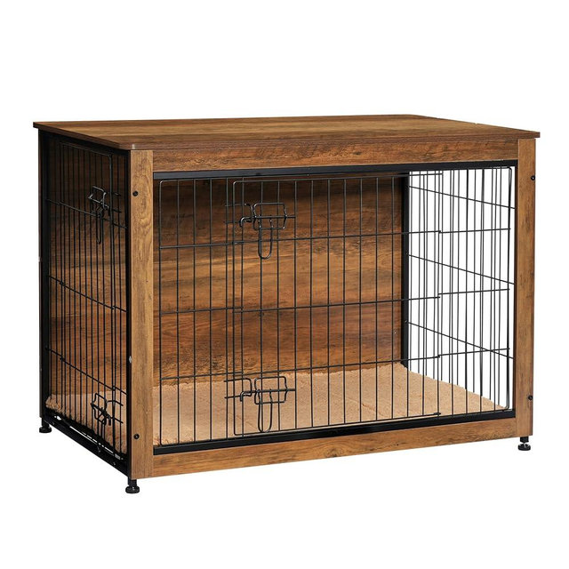 DWANTON Dog Crate Furniture with Cushion, Large Wooden Dog Crate with Double Doors, Dog Furniture, Indoor Dog Kennel, Dog House, Large, 38.5" L, Warm Brown