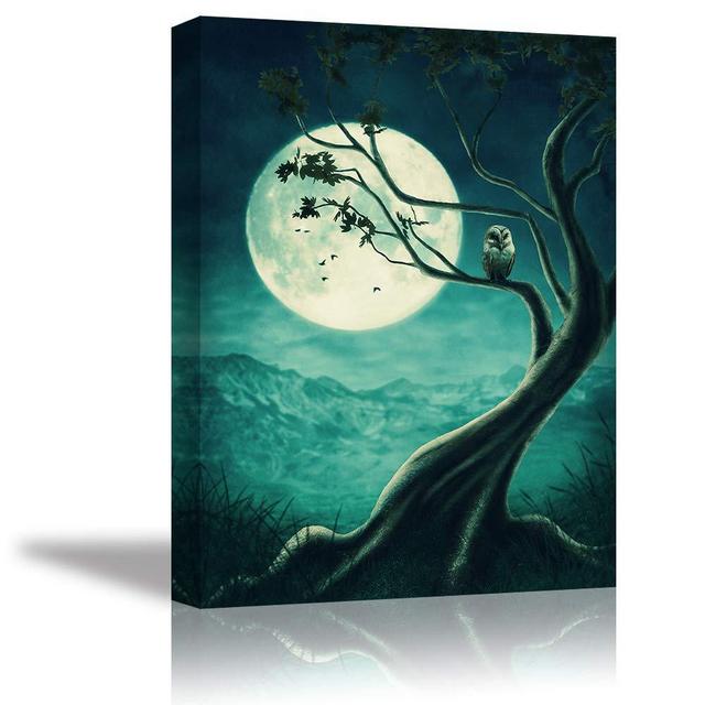 Tku's Owl on Tree Canvas Wall Art Teal Green Painting Animal Wall Decor Moon Picture Home Decoration for Bedroom (Waterproof, Ready to Hang)