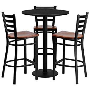 Flash Furniture Round Laminate Table Set with 3 Ladder Back Wood Seat Metal Barstool, 30", Black/Cherry
