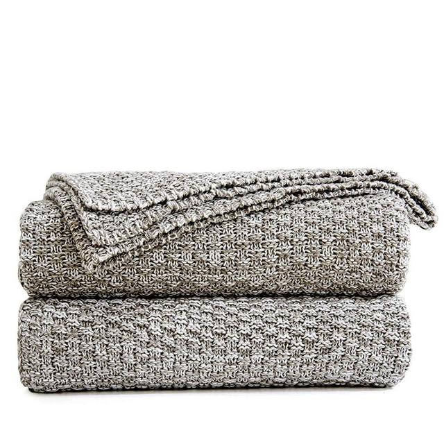 Longhui Bedding Knitted Throw Blanket for Couch – Soft, Cozy Machine Washable 100% Cotton Sofa Blanket, Heavy 3.8lb Weight, Laundry Bag Included, Grey and White