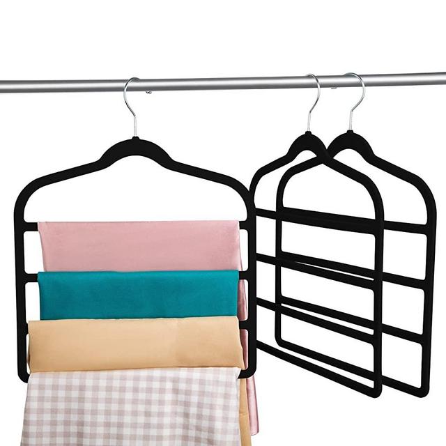 Pants Hangers 4 Tier Velvet Hangers,Non Slip Velvet Clothes Hanger for Closet Organizer,Felt Space Saving Hangers for Pants Jeans Scarf Trouser Tie Towel Clothes (Black/Silver, 6)