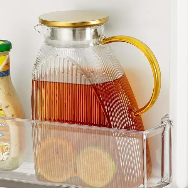 Baffect Water Pitcher Glass, 1.8L/63oz Fridge Door Pitcher with Stainless Steel Lid, High Borosilicate Glass Carafe Pitcher for Hot or Cold Homemade Drinks
