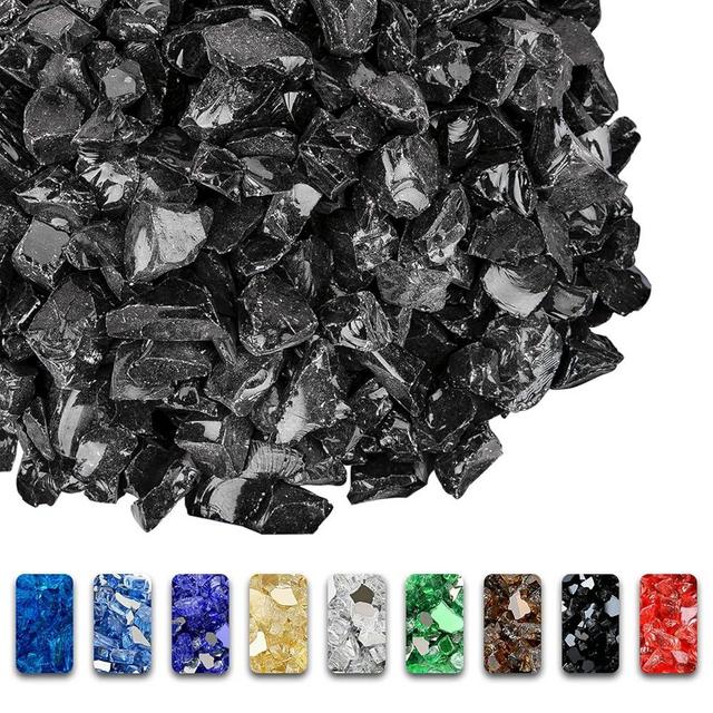 GRISUN Onyx Black Fire Glass for Fire Pit, 10 Pounds 1/2 Inch Tempered Glass Rocks for Natural or Propane Fireplace, Safe for Outdoors and Indoors Firepit Glass