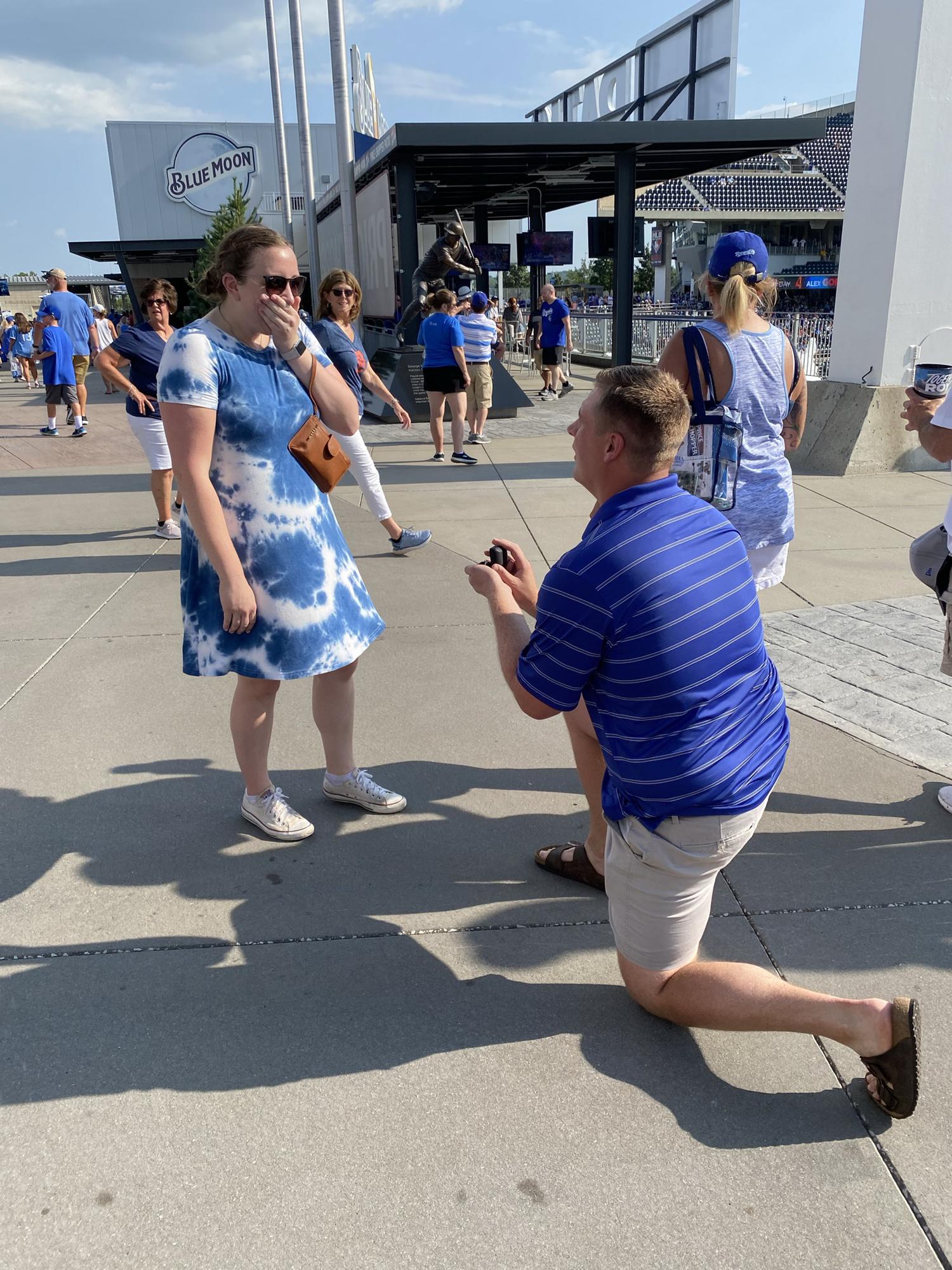 Somewhere between 3-3.5 years later (Kameron and Tayler disagree on the timing here 😉), Kameron finally popped the question at a Royals game! Our first “grown up” date was a Royals game in April 2018.