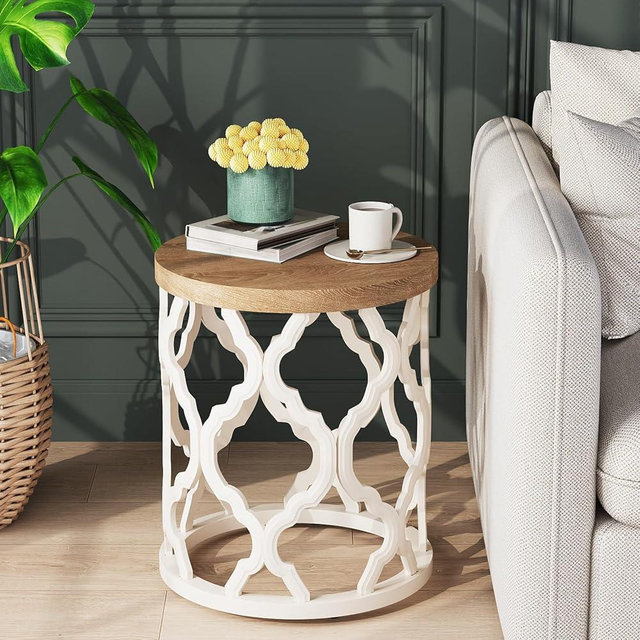 Farmhouse End Table, 18.5'' French Country Round Side Table, Wood Top Side Table with Curved Motif Frame Base for Boho, End Tables Living Room, Bedroom, Small Space, Easy Assembly