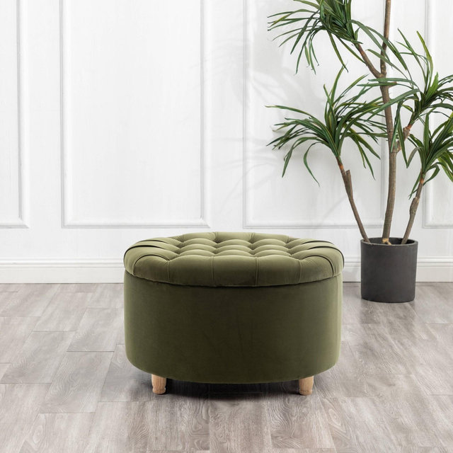 Large Round Pintucked Storage Ottoman Lift Off Lid Sage Green Velvet - WOVENBYRD