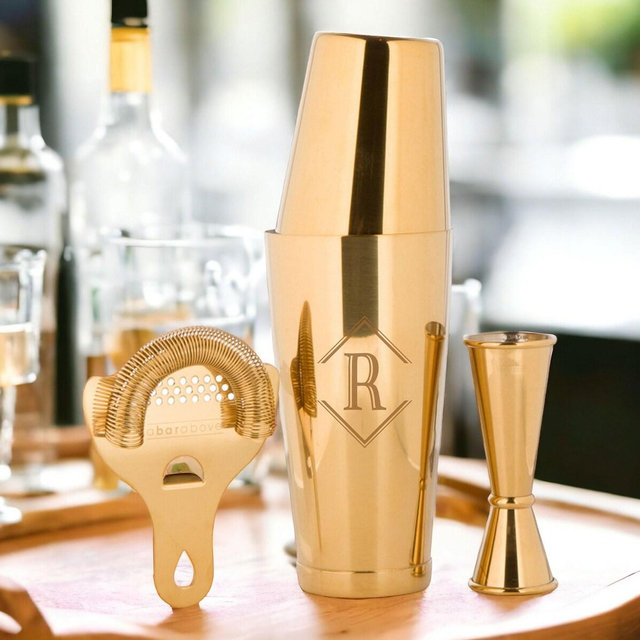 Engraved Cocktail Shaker - Four Piece Set, Gold Finish, A Bar Above, Cocktails, Martini Shaker, Strainer, Jigger, Wedding Gift, Groom DD2