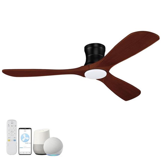 Hoenofly 52” Smart Wood Flush Mount Ceiling Fans with Lights Remote,Quiet DC Motor,Outdoor Indoor Low Profile Ceiling Fan,Voice WIFI Alexa App Control,Dimmable,6-speed,for Modern Bedroom Patio