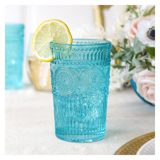 Kate Aspen 13 oz Vintage Ribbed Textured Aqua Blue Striped Drinking Glasses Set of 6 - Cocktail Set, Juice Glass, Water Tumbler