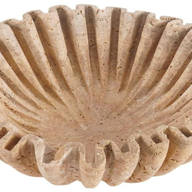 SPESHSTONES Travertine Ruffle Bowl 10 Inch Large Decorative Fruit Bowl for Kitchen Counter and Dining Table Centerpiece - Modern Beige Stone Fluted and Scalloped Bowls for Home Decor