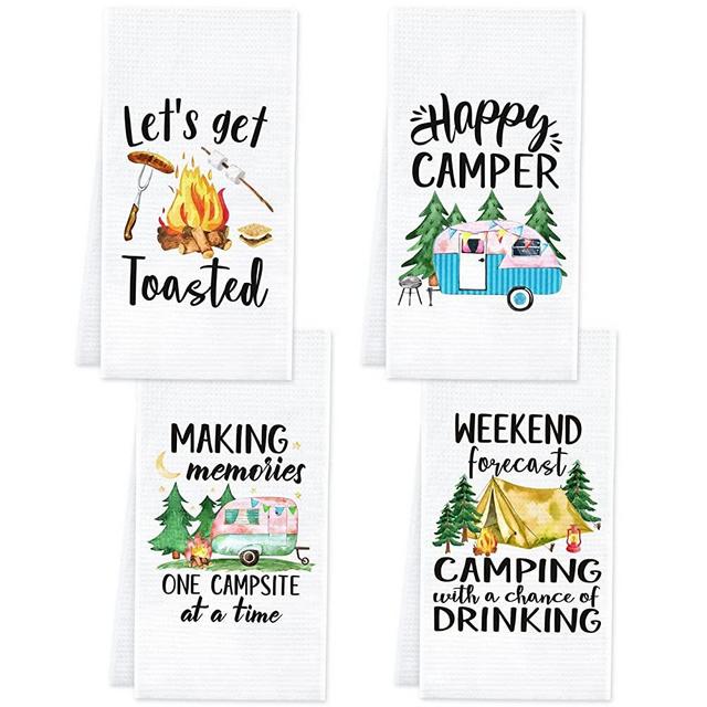 Camping Kitchen Towels Set of 4 Dish Towels White Kitchen Hand Towels Kit Printed with Funny Sayings Novelty Gifts for Campers Happy Camper Camping Accessories for RV Campers