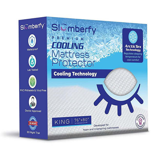 Cooling Mattress Protector | Hypoallergenic Waterproof Mattress Protector | King Size Mattress Protector –76x80” | Noiseless Mattress Cover | Natural Fabric with ArcticTex Cooling by Slumberfy